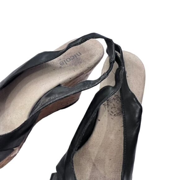 Nicole Women's Wedge Sandals Size‎ 8.5 Black Faux Leather Summer Party 3.75" - Picture 8 of 9